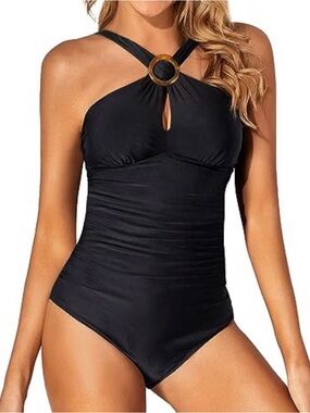 Tempt Me Classic Black Halter One-Piece Swimsuit with Ring Detail NWT